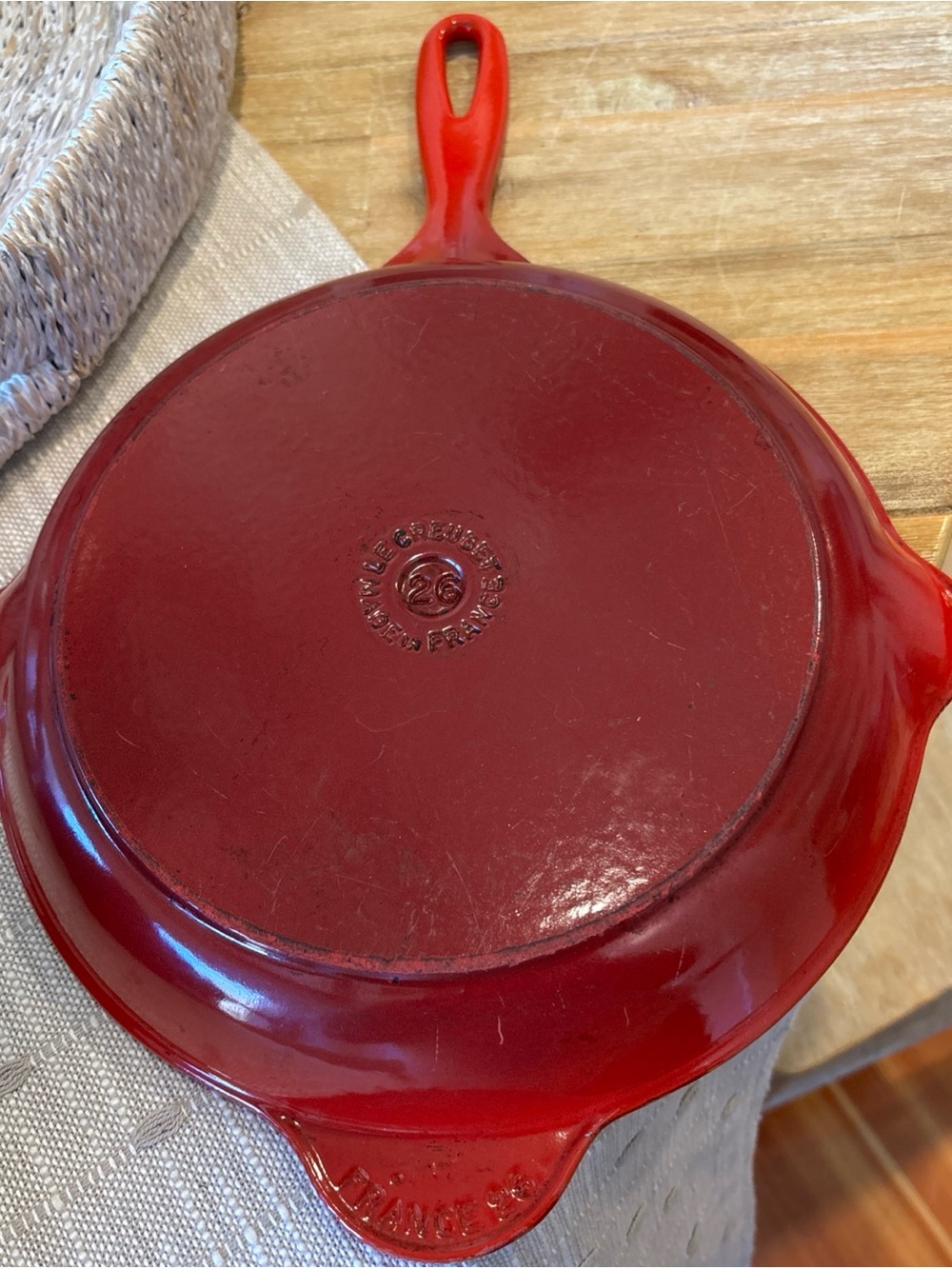 Vintage Le Creuset #26 Red Enameled Cast Iron fry pan with double spout